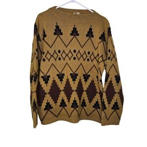 Vintage Orlon Geometric Pattern Sweater Size 52 Brown & Black Aztec Boho 60s-70s